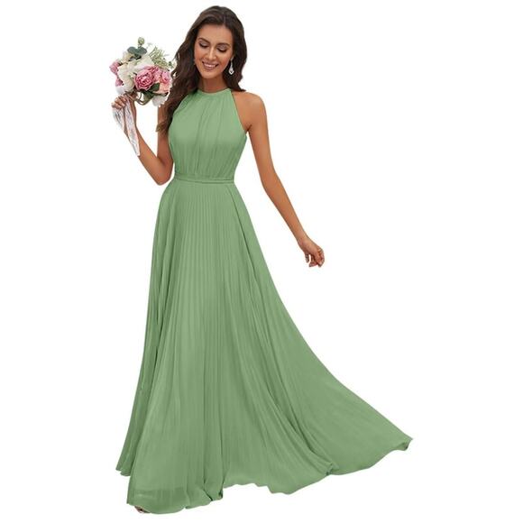 NEW Womens Sage Green Wedding Bridesmaid Formal Long Halter Dress with Pockets 8 - Picture 1 of 3